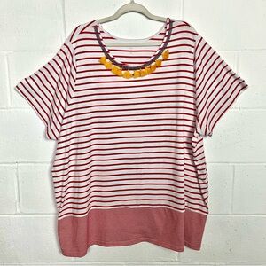 Woman Within Short Sleeve Tee Red & White Striped Tassel Neckline Americana 3X